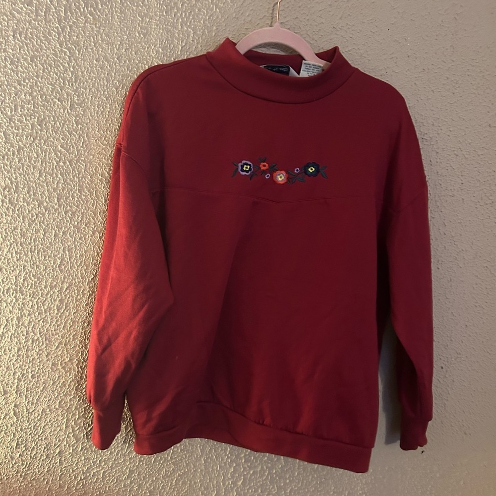 Vintage Pullover Flower Embroidery Crew Neck Sweater Maroon Size L Floral Cozy